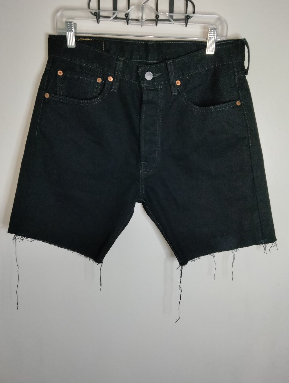Levi's 501 (Size 32) Classic Black High Rise Pockets Raw Hem Cutoff Denim Shorts